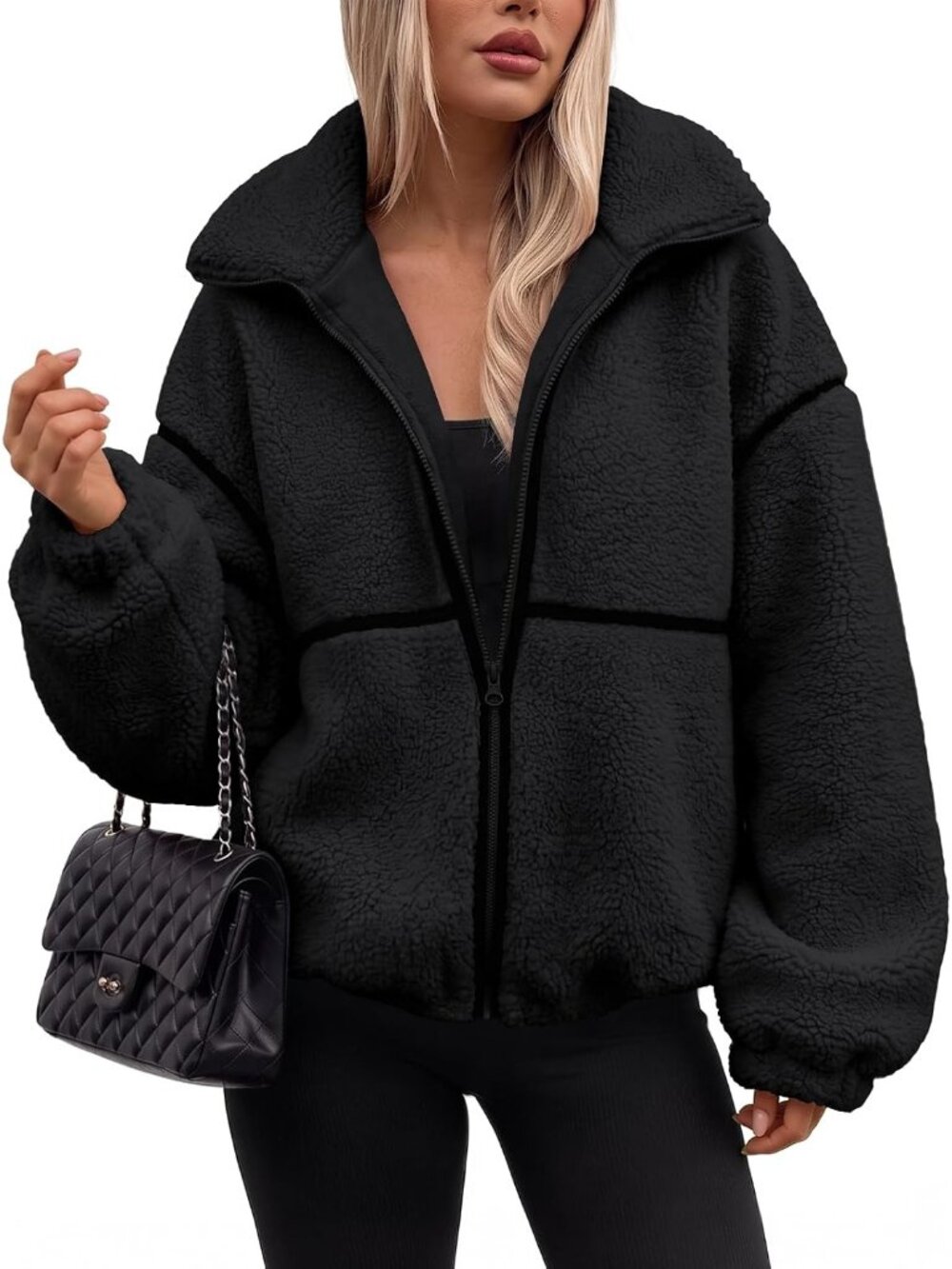 Women Black Stand Collar Teddy Coats Oversized Zip Up Cuff Sleeve Fleece Jacket
